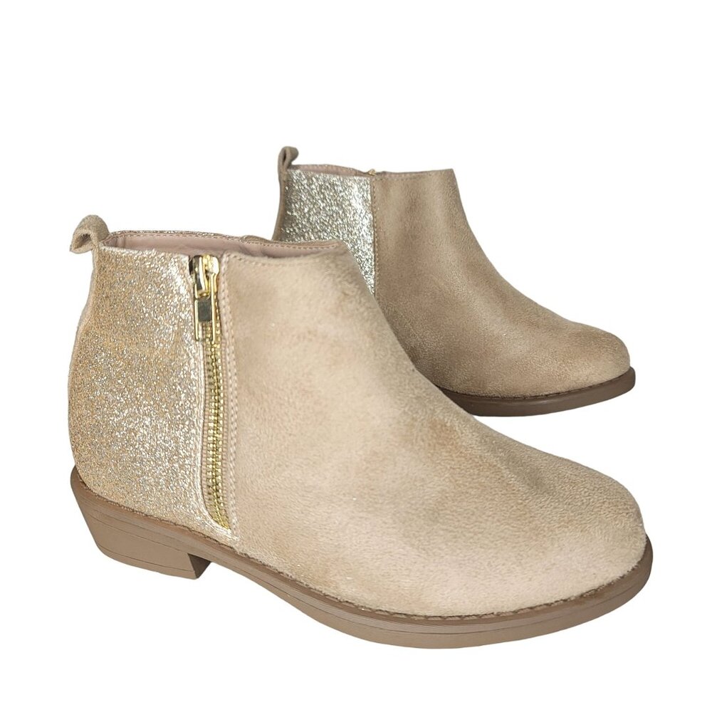 Toddler Girls' Tan Suede & Glitter Ankle Boots booties With Side Zipper size 1